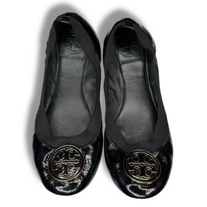 Tory Burch Caroline Black Patent Leather Ballet Flats Size 7 M Shoes‎ Gold Logo